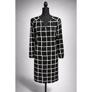 Luxology Size 6 Black White Windowpane Midi Dress Long Sleeve Career